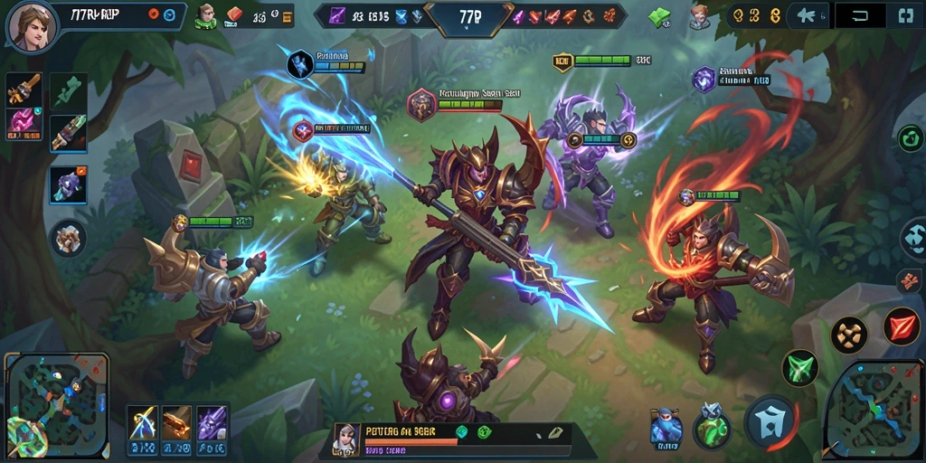 Screenshot gameplay 77RP menampilkan pertarungan seru di arena MOBA.