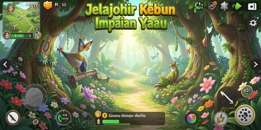 Gameplay D73 menampilkan kebun yang subur dan berbagai kegiatan bertani.
