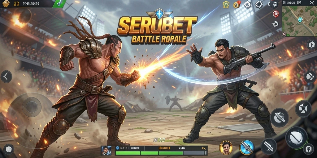 Tampilan aksi mendebarkan dalam gameplay SERUBET Battle Royale.