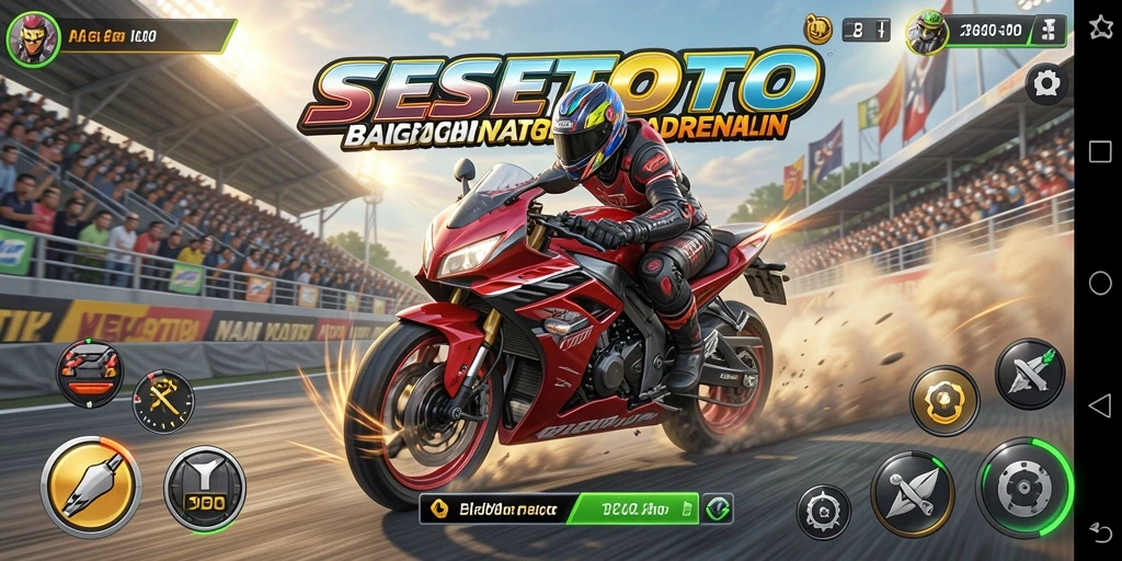 Screenshot gameplay SESETOTO menampilkan balapan motor yang intens.
