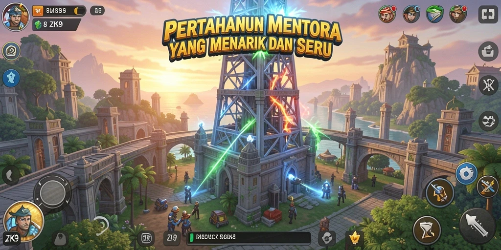 Tampilan strategis dalam gameplay Tower Defense ZK9 dengan menara dan musuh.